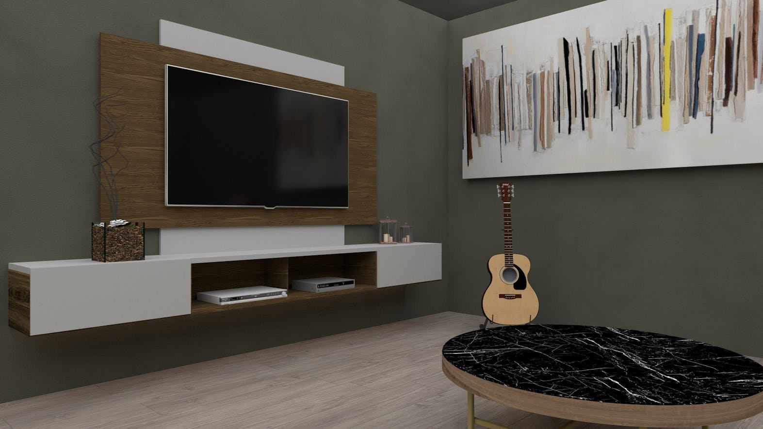 Stylish living room setup featuring a mounted TV, acoustic guitar, abstract art, and modern furniture design.